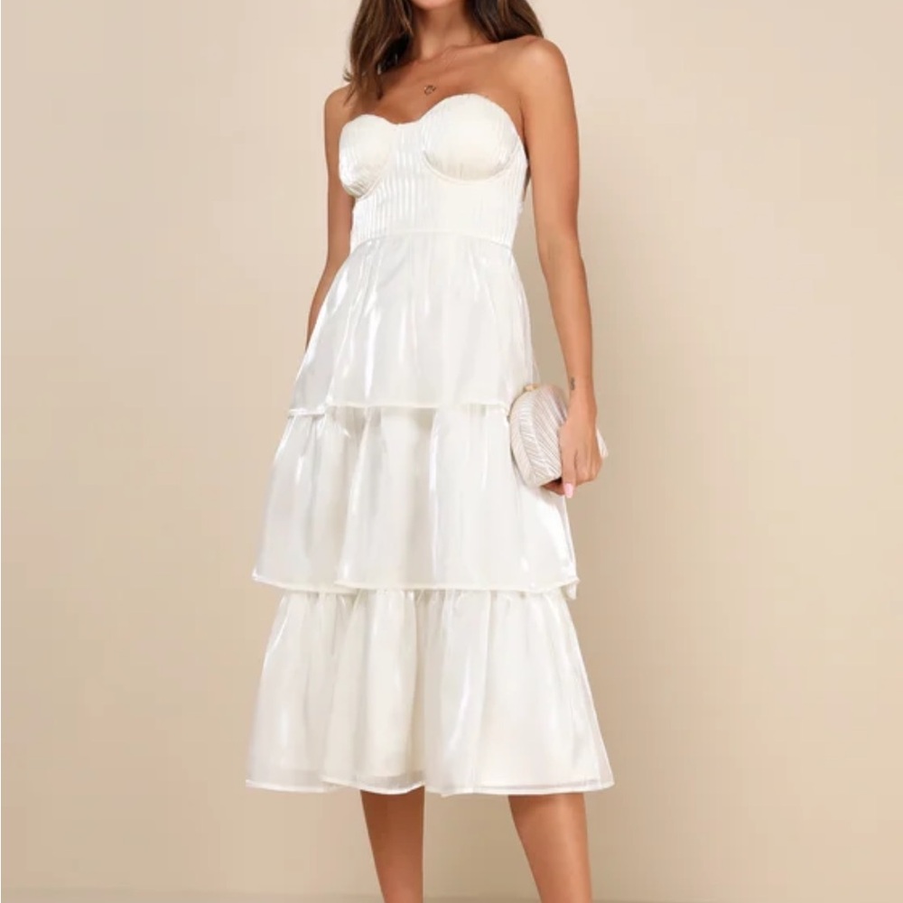 NWT- Lulus - Tiered White Strapless Midi Bridal Dress